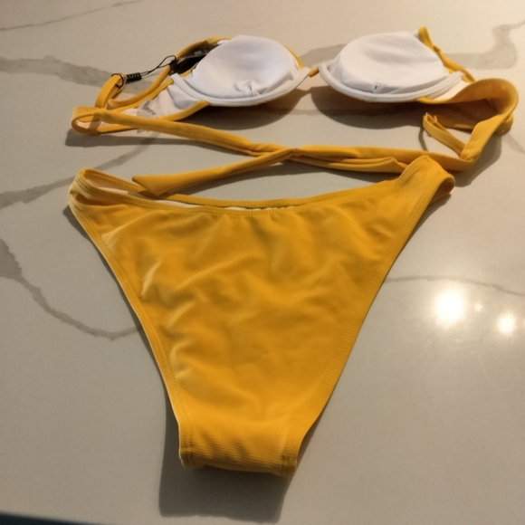Underwire Bikini Sets Ribbed Bathing Suit High Cut Set yellow Sz L‎ - Picture 5 of 5